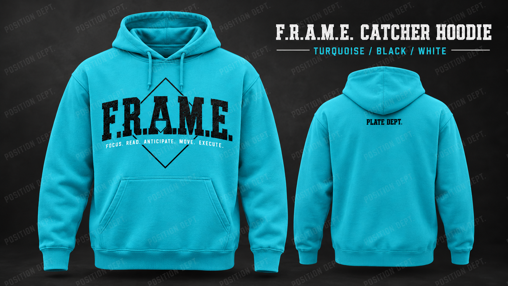 Position Dept. F.R.A.M.E. catcher hoodie in Turquoise / Black / White, front and back views, baseball and softball leisure wear.