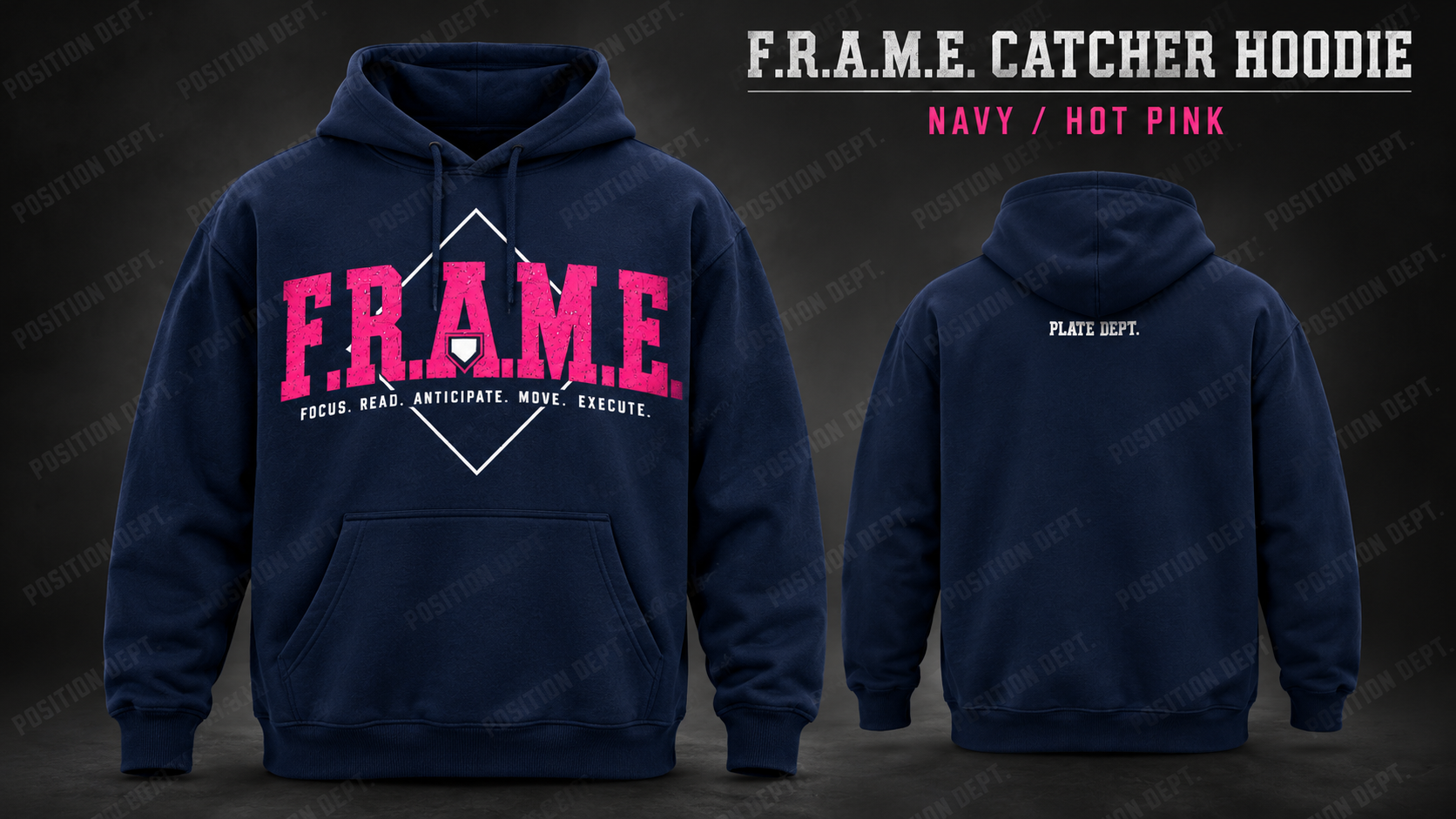 Position Dept. F.R.A.M.E. catcher hoodie in Navy / Hot Pink, front and back views, baseball and softball leisure wear.
