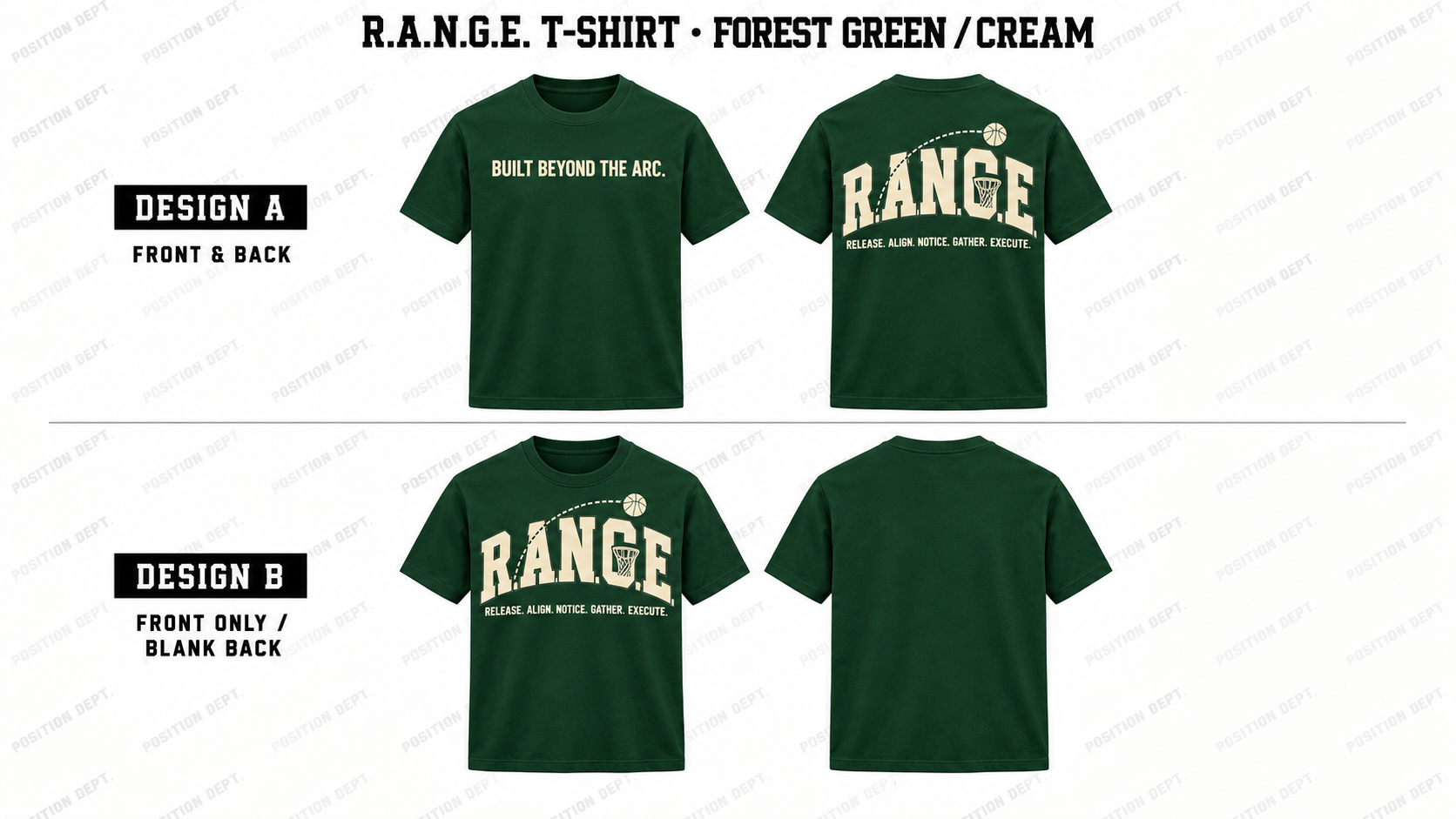 Position Dept. R.A.N.G.E. basketball T-shirt in Forest Green / Cream, Design A front and back and Design B front-only with blank back.