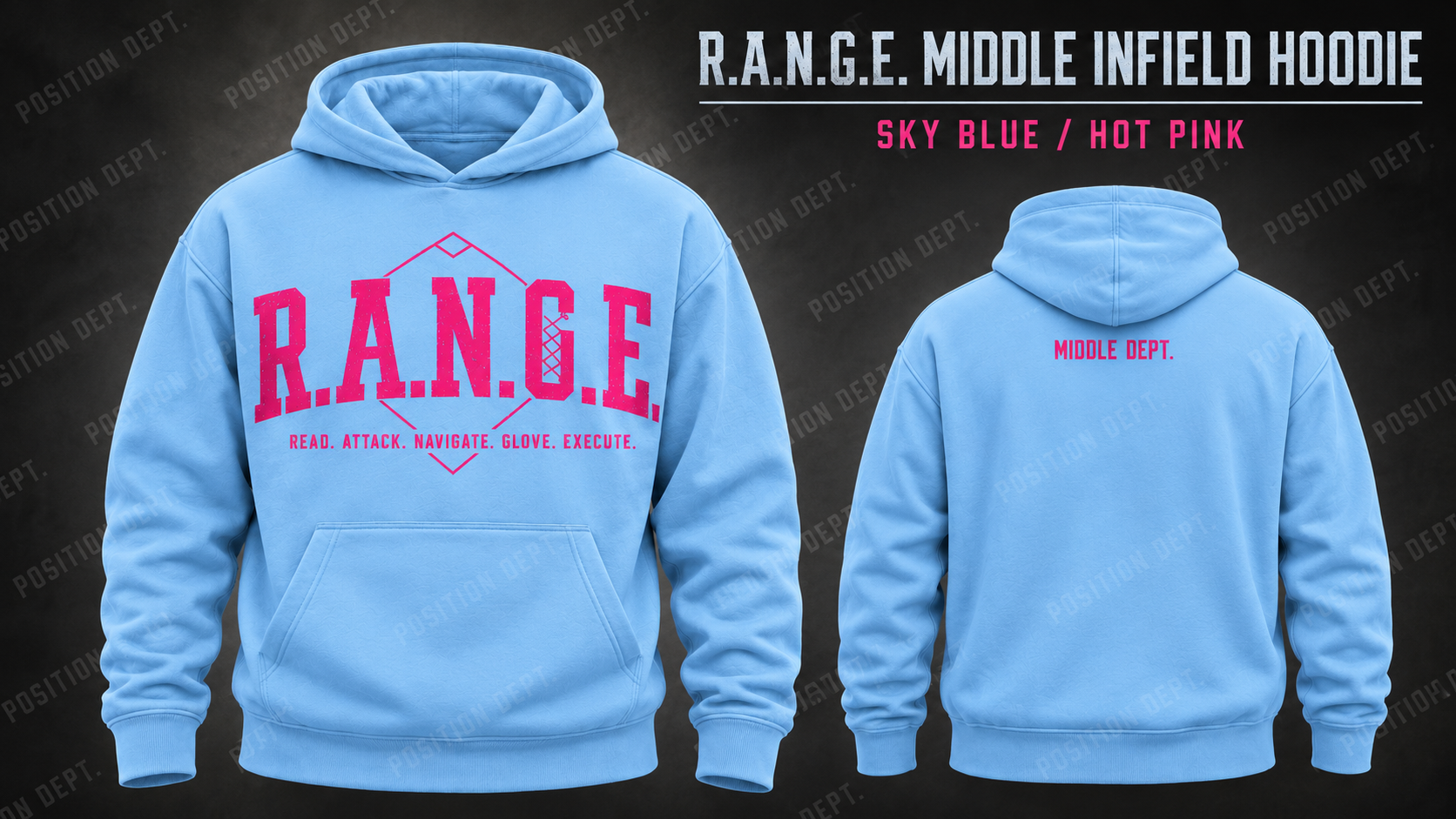Position Dept. R.A.N.G.E. middle infield hoodie in Sky Blue / Hot Pink, front and back views, baseball and softball leisure wear.