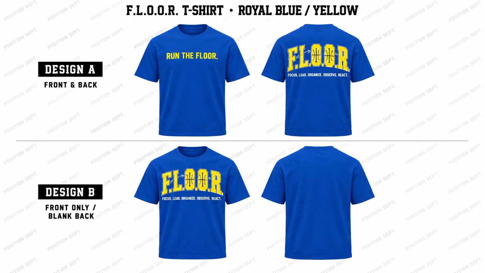 Position Dept. F.L.O.O.R. basketball T-shirt in Royal Blue / Yellow, Design A front and back and Design B front-only with blank back.