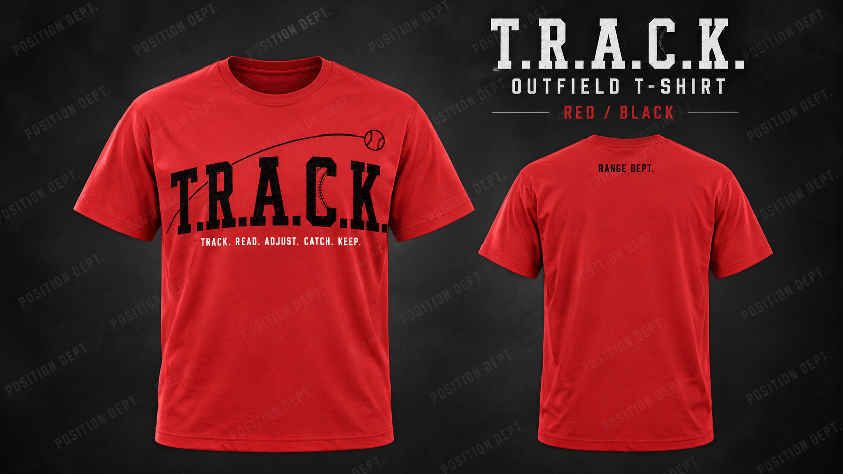 Position Dept. T.R.A.C.K. outfield T-shirt in Red / Black, front and back views, baseball and softball leisure wear.