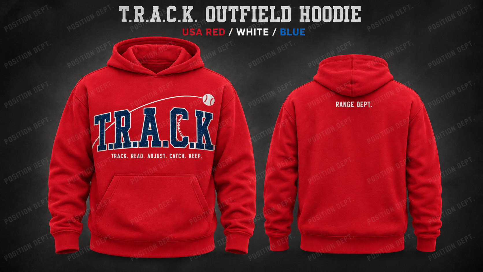Position Dept. T.R.A.C.K. outfield hoodie in USA Red / White / Blue, front and back views, baseball and softball leisure wear.