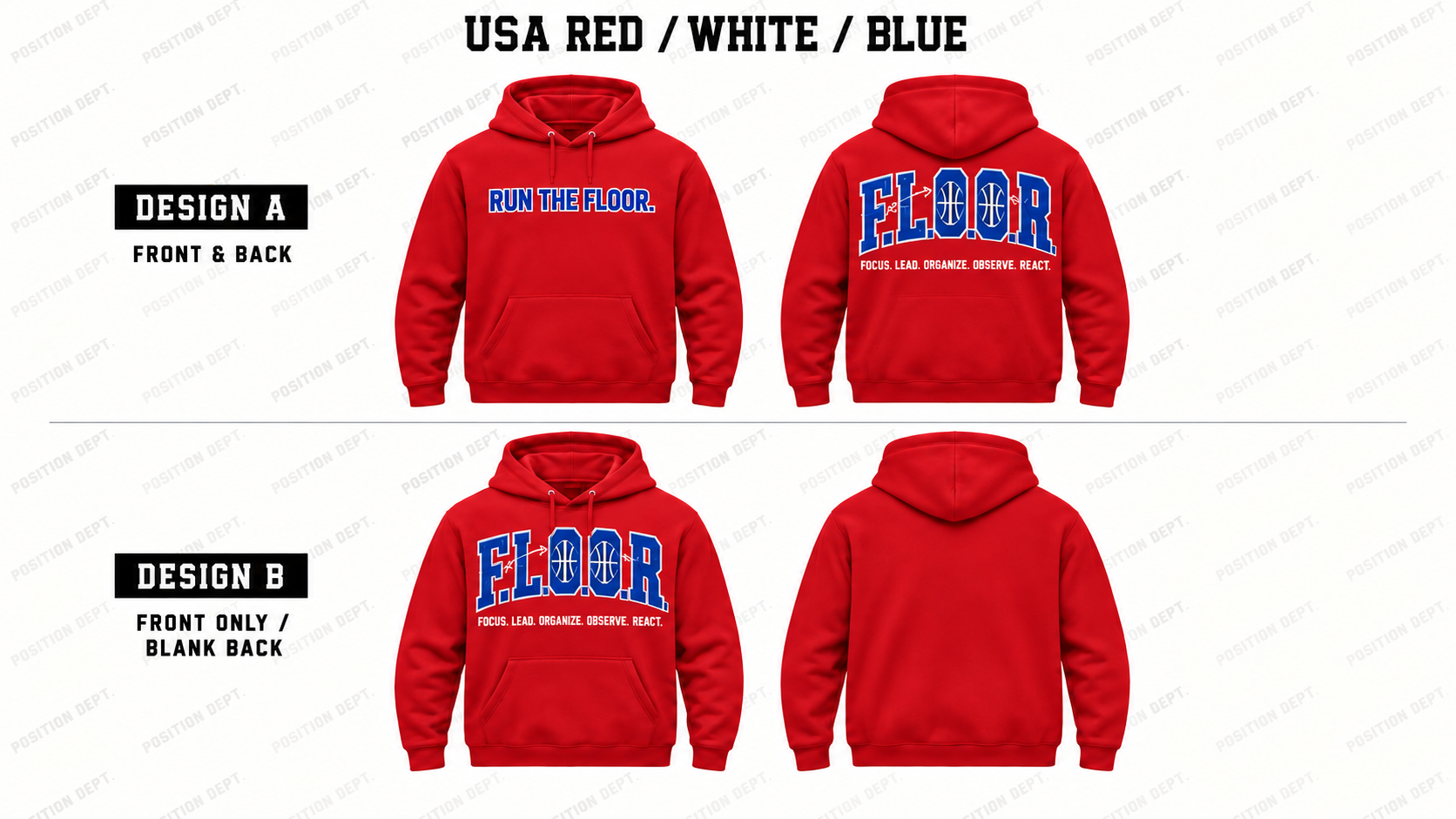 Position Dept. F.L.O.O.R. basketball hoodie in USA Red / White / Blue, showing Front & Back and Front Only designs with basketball court and net details.