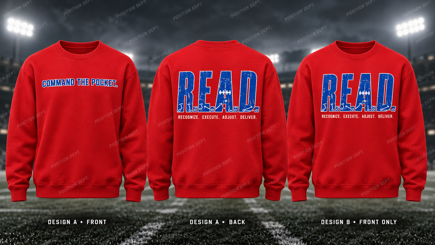 Position Dept. R.E.A.D. football crewneck in USA Red / White / Blue. Design A slogan front and graphic back; Design B graphic front only with blank back.