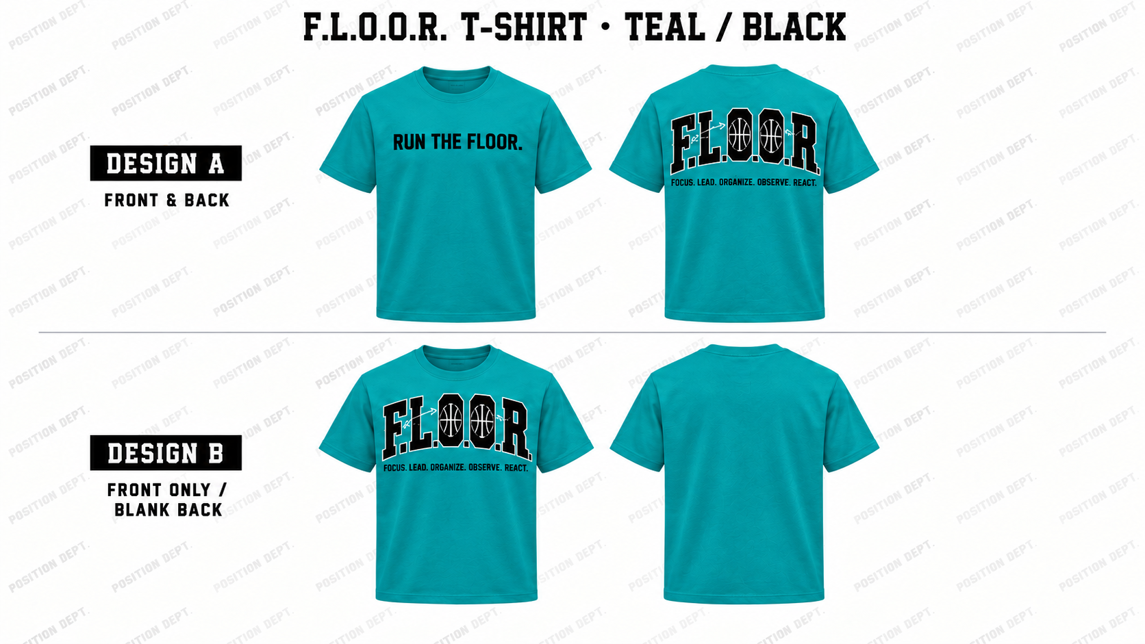 Position Dept. F.L.O.O.R. basketball T-shirt in Teal / Black, Design A front and back and Design B front-only with blank back.