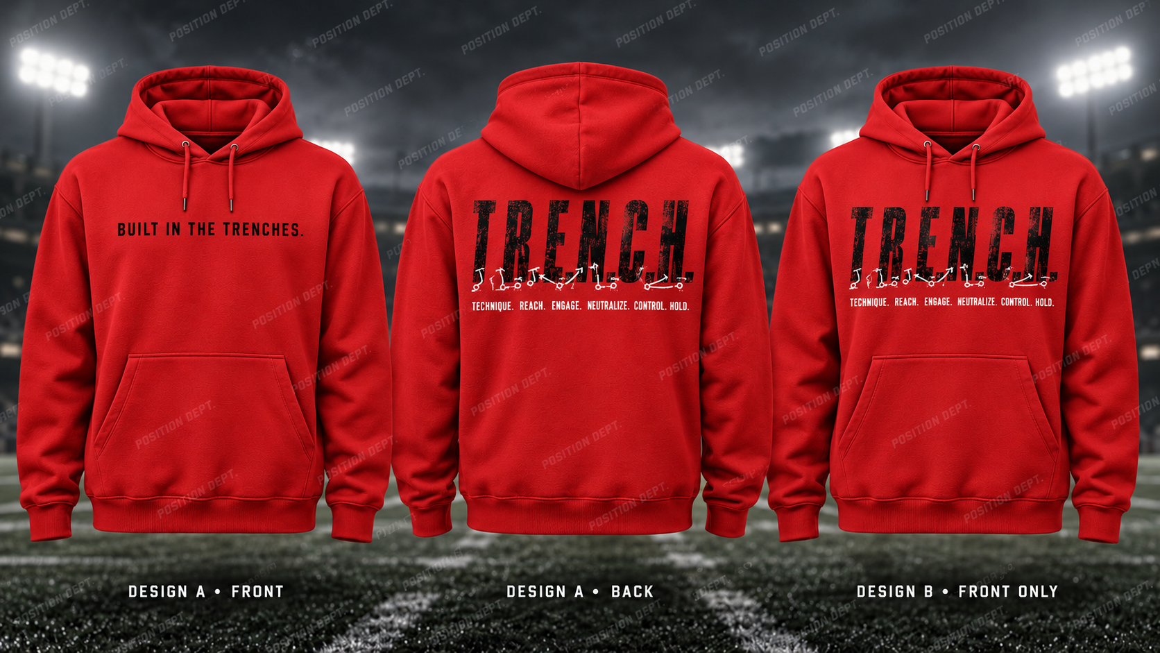 T.R.E.N.C.H. football hoodie in Red / Black, showing Design A slogan front and letter back, plus Design B front-only artwork.