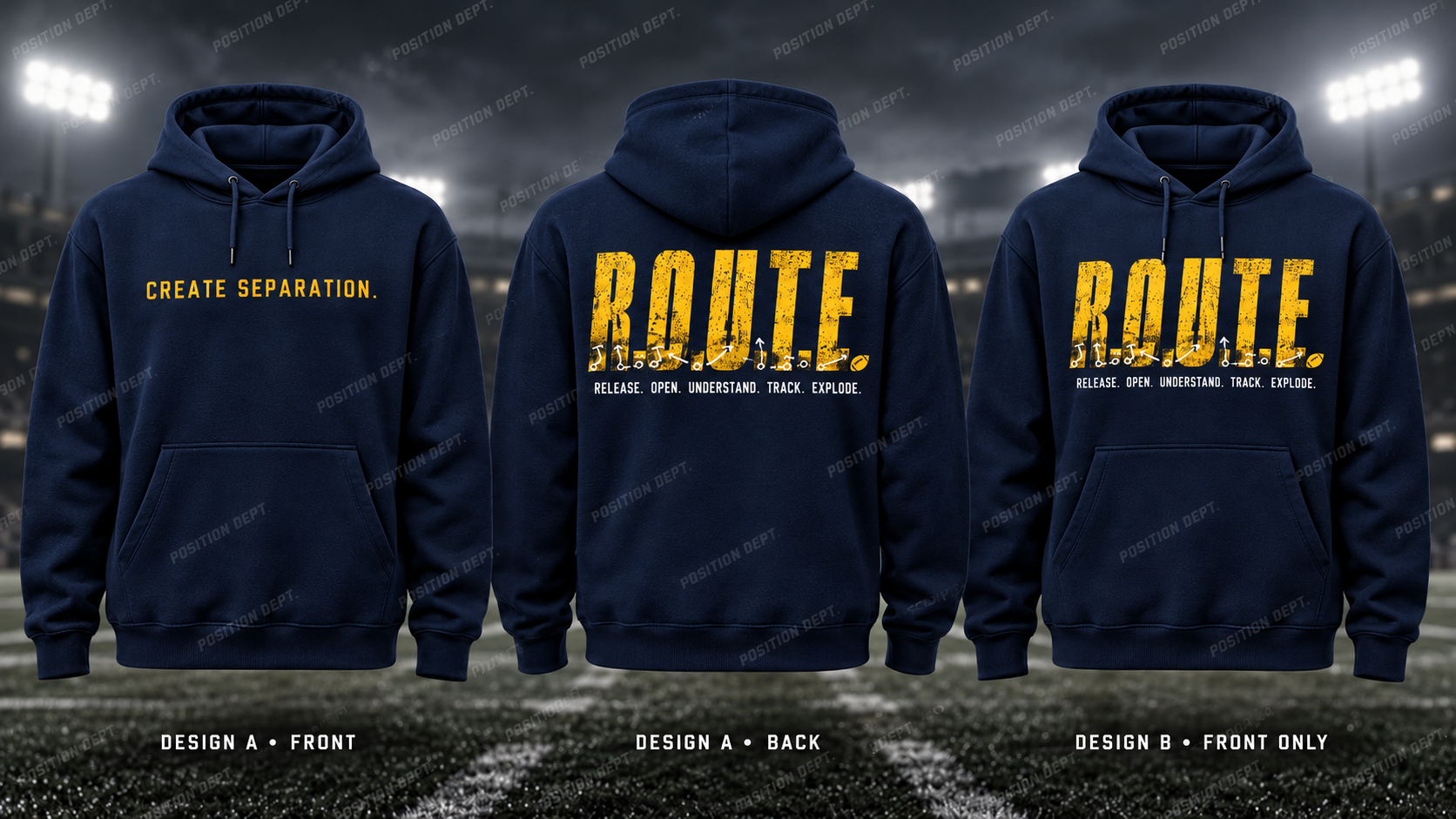 R.O.U.T.E. football hoodie in Navy / Gold / Yellow, showing Design A slogan front and letter back, plus Design B front-only artwork.