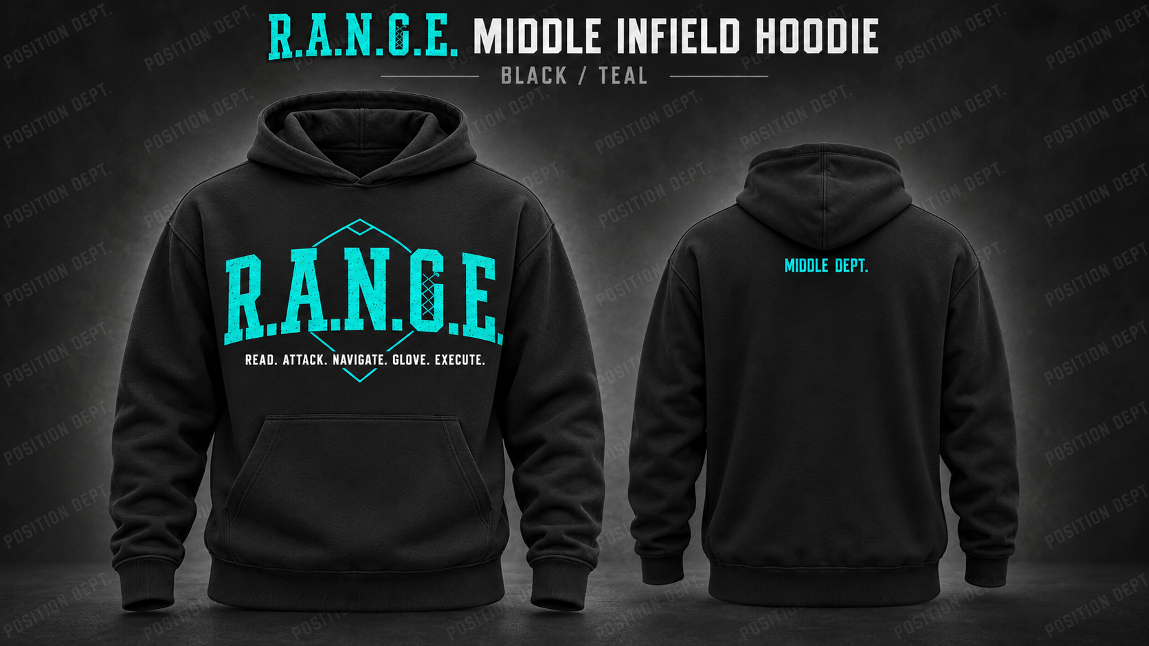 Position Dept. R.A.N.G.E. middle infield hoodie in Black / Teal, front and back views, baseball and softball leisure wear.