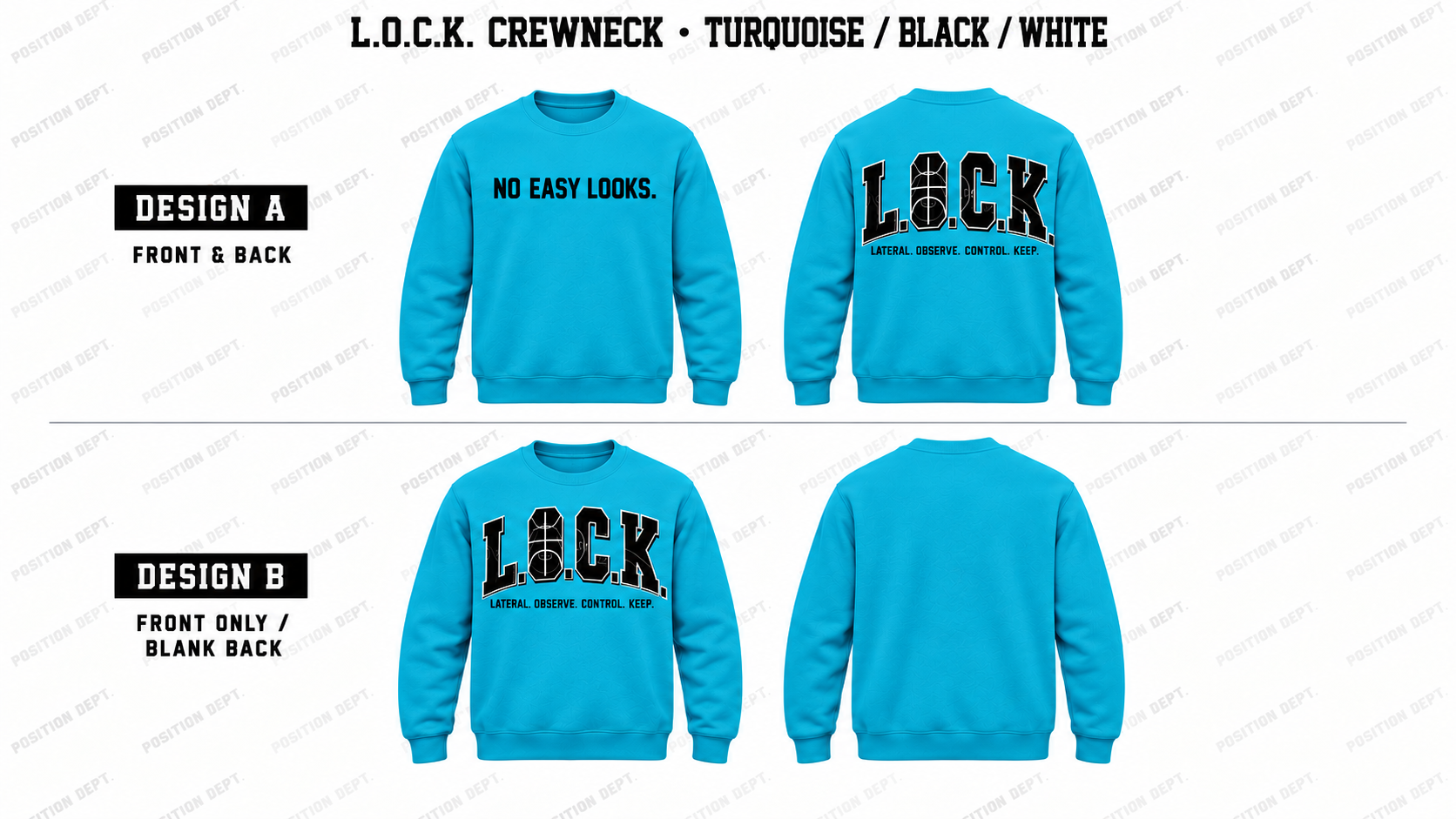 Position Dept. L.O.C.K. basketball crewneck in Turquoise / Black / White, Design A front and back and Design B front-only with blank back.