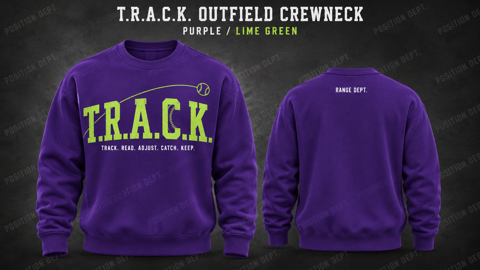 Position Dept. T.R.A.C.K. outfield crewneck in Purple / Lime Green, front and back views, baseball and softball leisure wear.