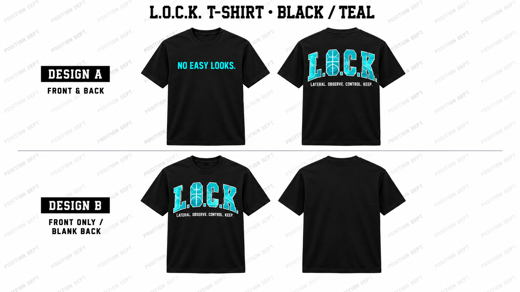Position Dept. L.O.C.K. basketball T-shirt in Black / Teal, Design A front and back and Design B front-only with blank back.