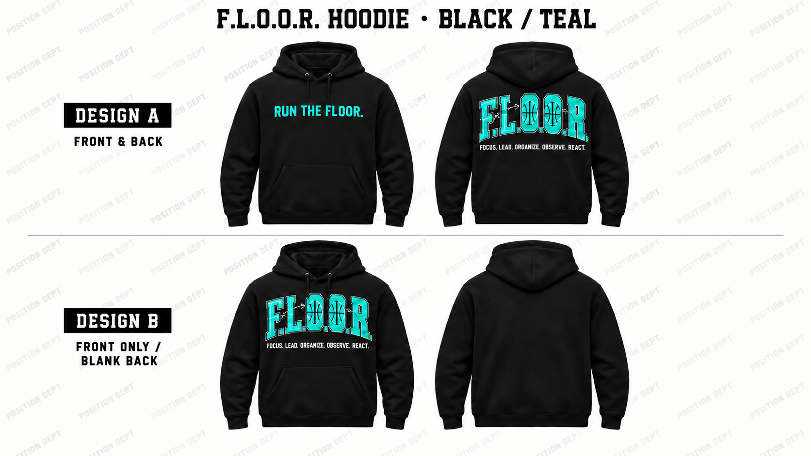 Position Dept. F.L.O.O.R. basketball hoodie in Black / Teal, showing Front & Back and Front Only designs with basketball court and net details.