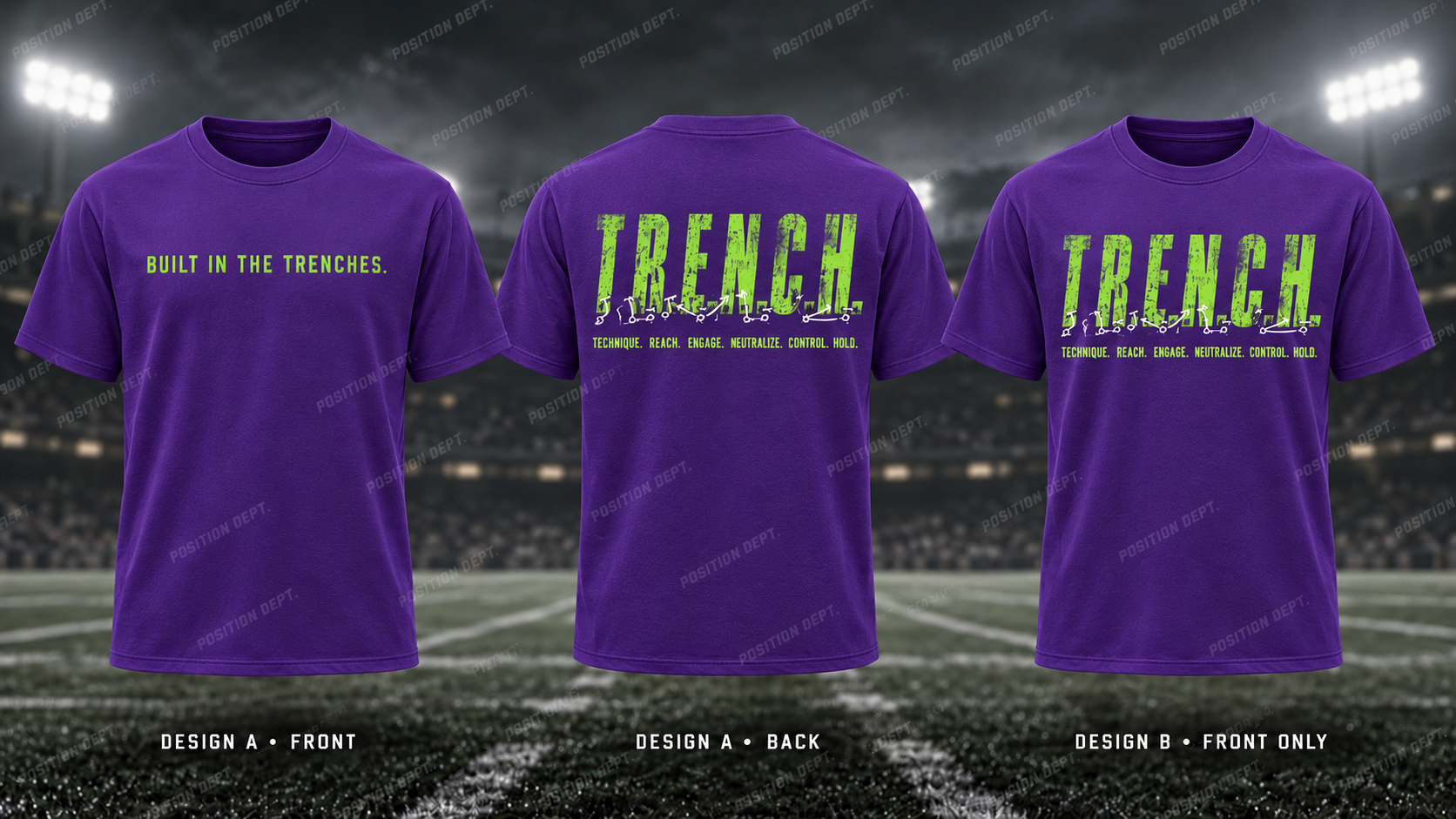 T.R.E.N.C.H. football T-shirt in Purple / Lime Green. Design A slogan front and graphic back; Design B graphic front, blank back. Position Dept.
