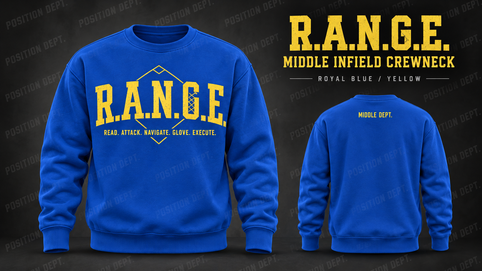Position Dept. R.A.N.G.E. middle infield crewneck in Royal Blue / Yellow, front and back views, baseball and softball leisure wear.