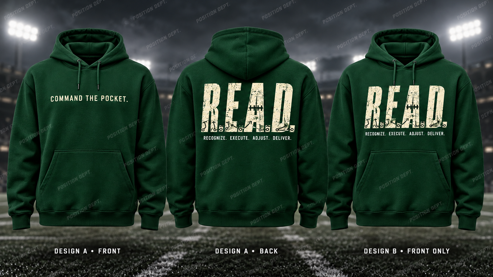 R.E.A.D. football hoodie in Forest Green / Cream, showing Design A slogan front and letter back, plus Design B front-only artwork.