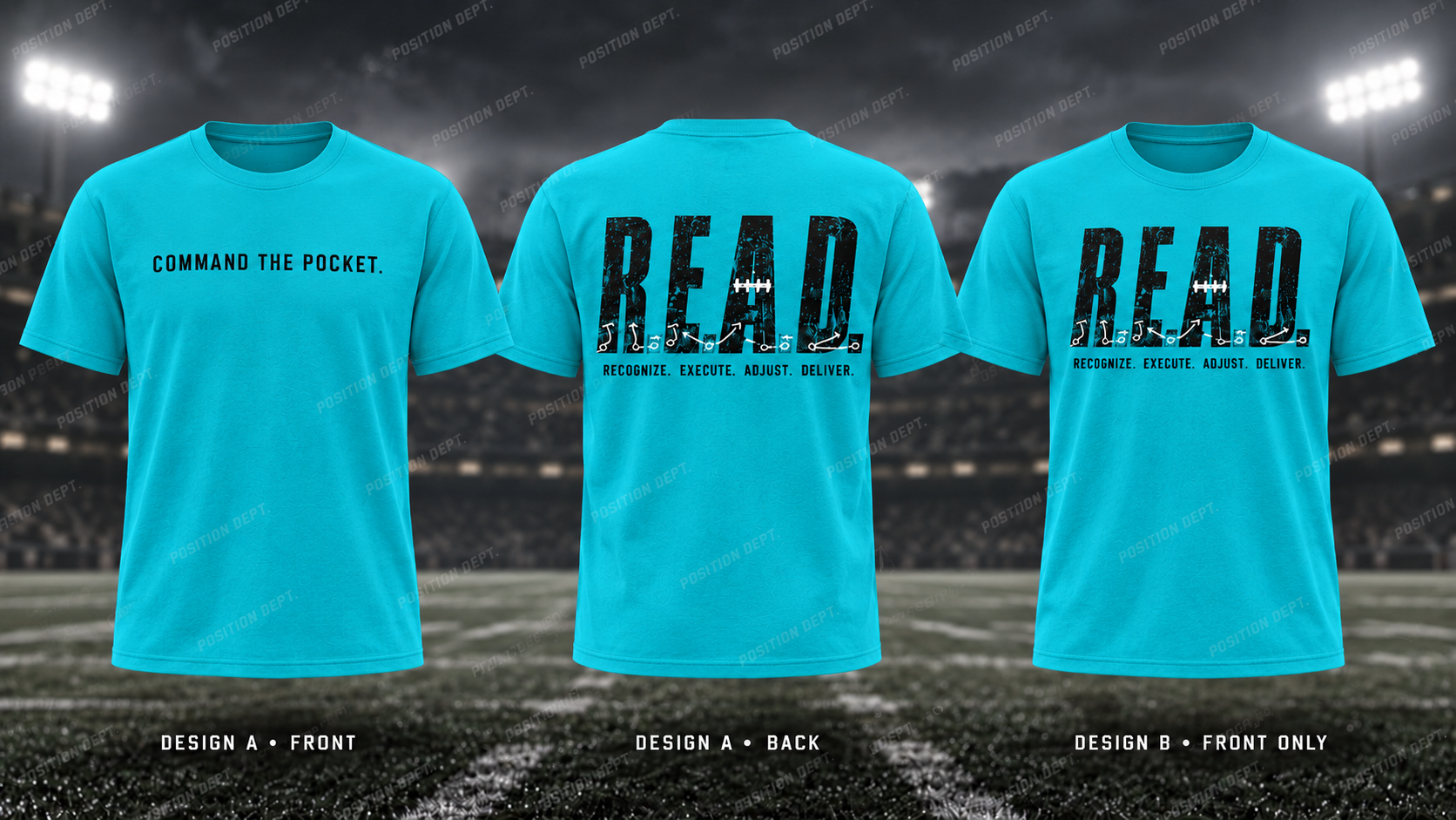Position Dept. R.E.A.D. football T-shirt in Turquoise / Black / White. Design A slogan front and graphic back; Design B graphic front only with blank back.