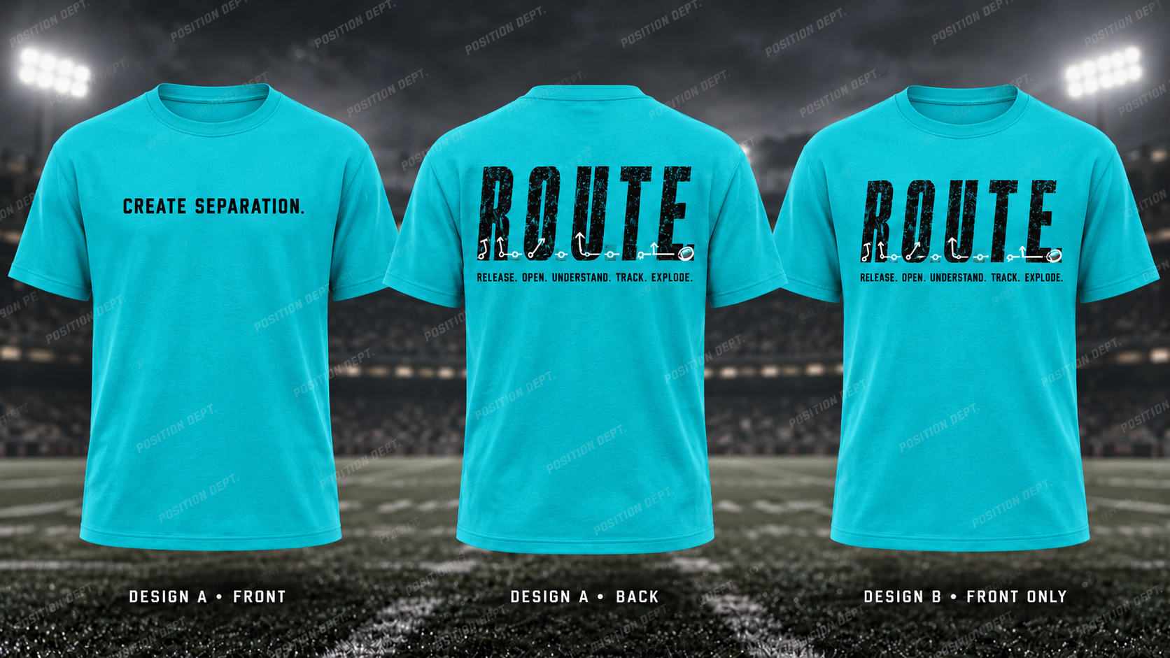 R.O.U.T.E. football T-shirt in Turquoise / Black / White. Design A slogan front and graphic back; Design B graphic front, blank back. Position Dept.