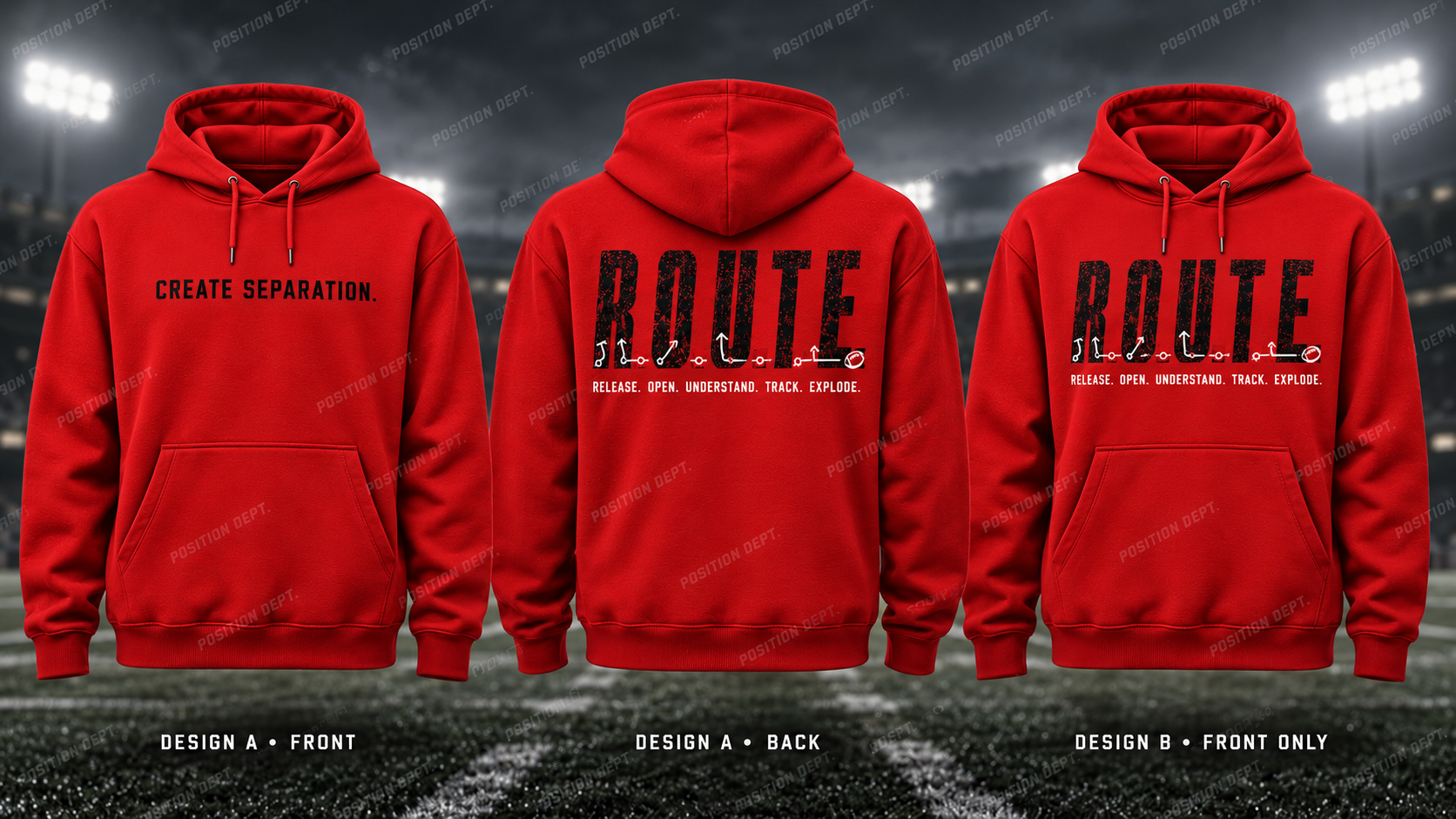 R.O.U.T.E. football hoodie in Red / Black, showing Design A slogan front and letter back, plus Design B front-only artwork.