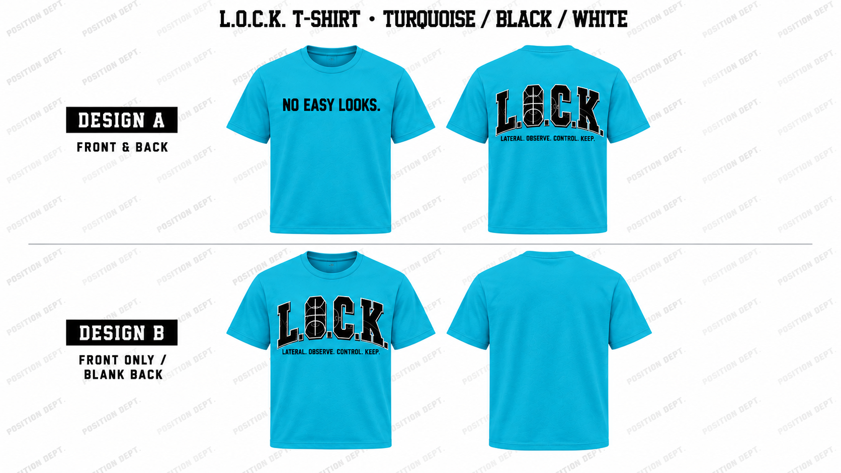 Position Dept. L.O.C.K. basketball T-shirt in Turquoise / Black / White, Design A front and back and Design B front-only with blank back.