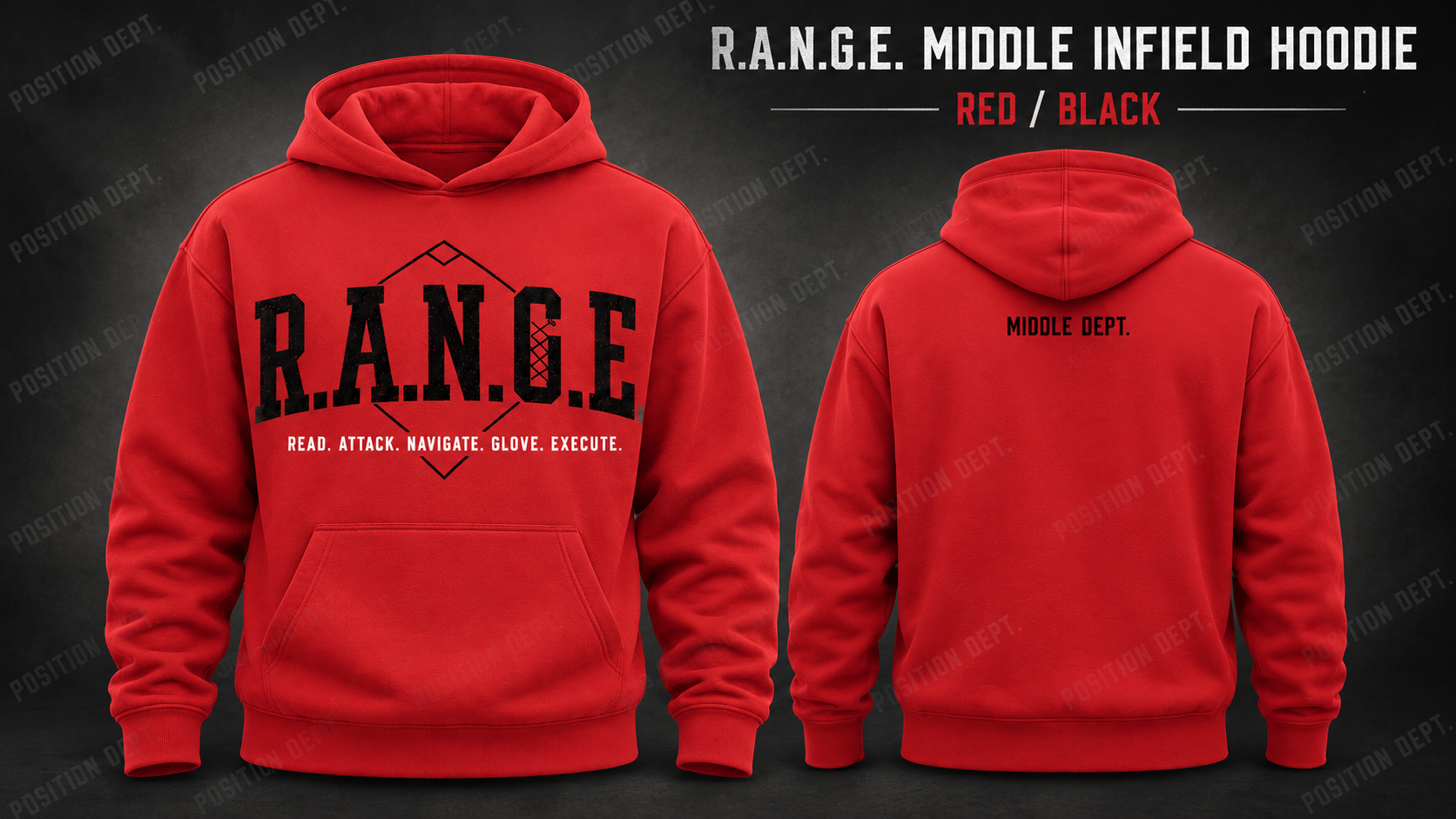 Position Dept. R.A.N.G.E. middle infield hoodie in Red / Black, front and back views, baseball and softball leisure wear.