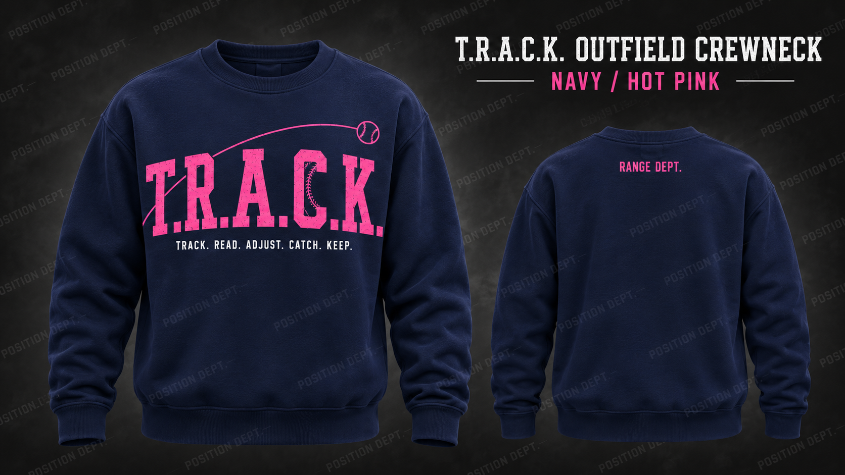 Position Dept. T.R.A.C.K. outfield crewneck in Navy / Hot Pink, front and back views, baseball and softball leisure wear.