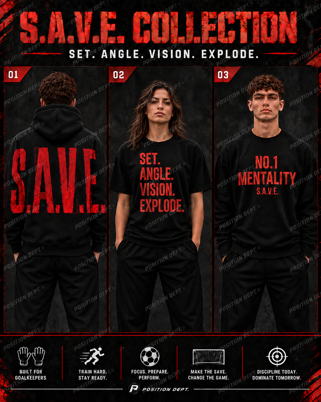 S.A.V.E. black and red apparel board with back-print hoodie, woman modeling T-shirt, and crewneck; Position Dept. watermark.