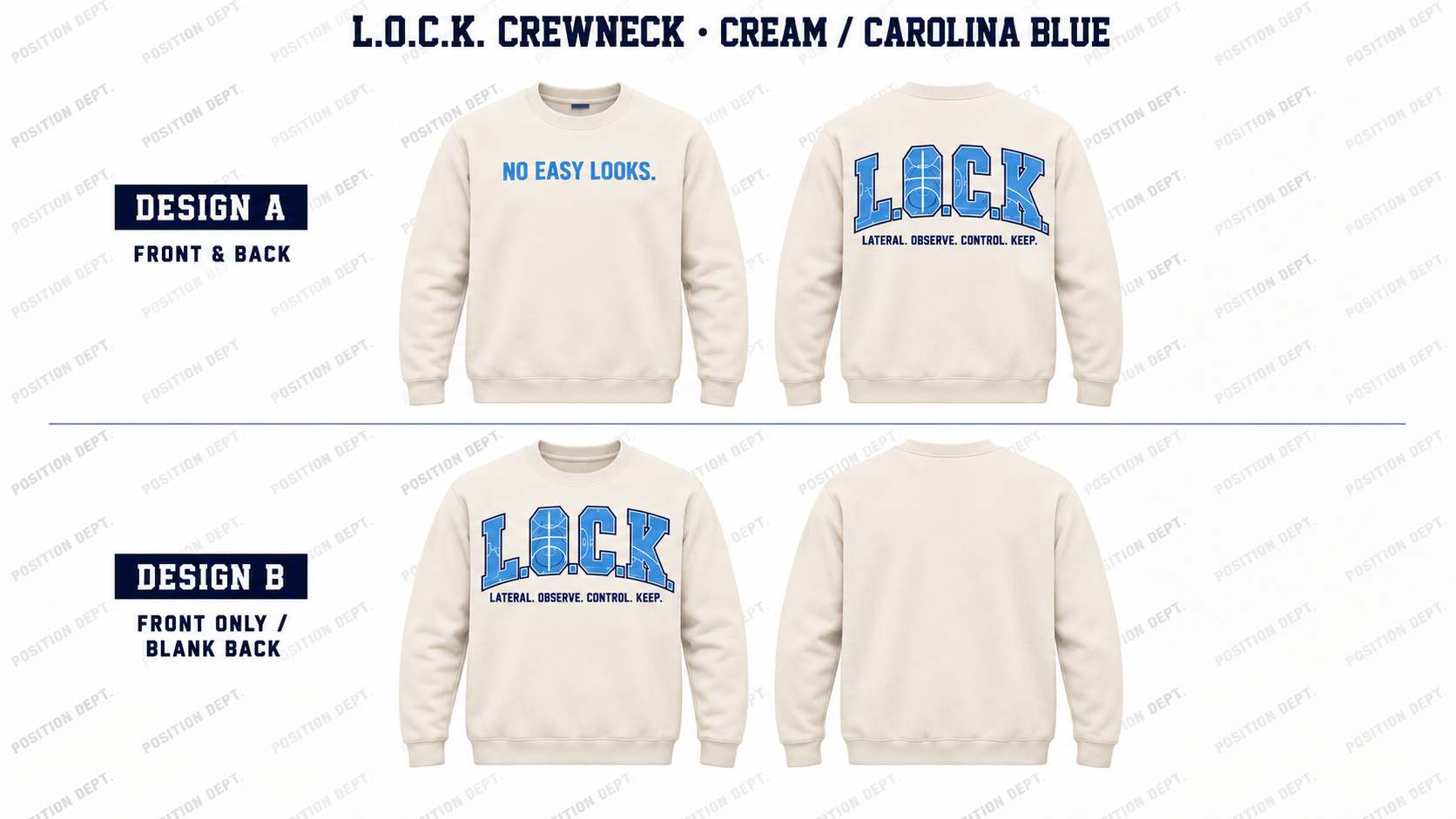 Position Dept. L.O.C.K. basketball crewneck in Cream / Carolina Blue, Design A front and back and Design B front-only with blank back.