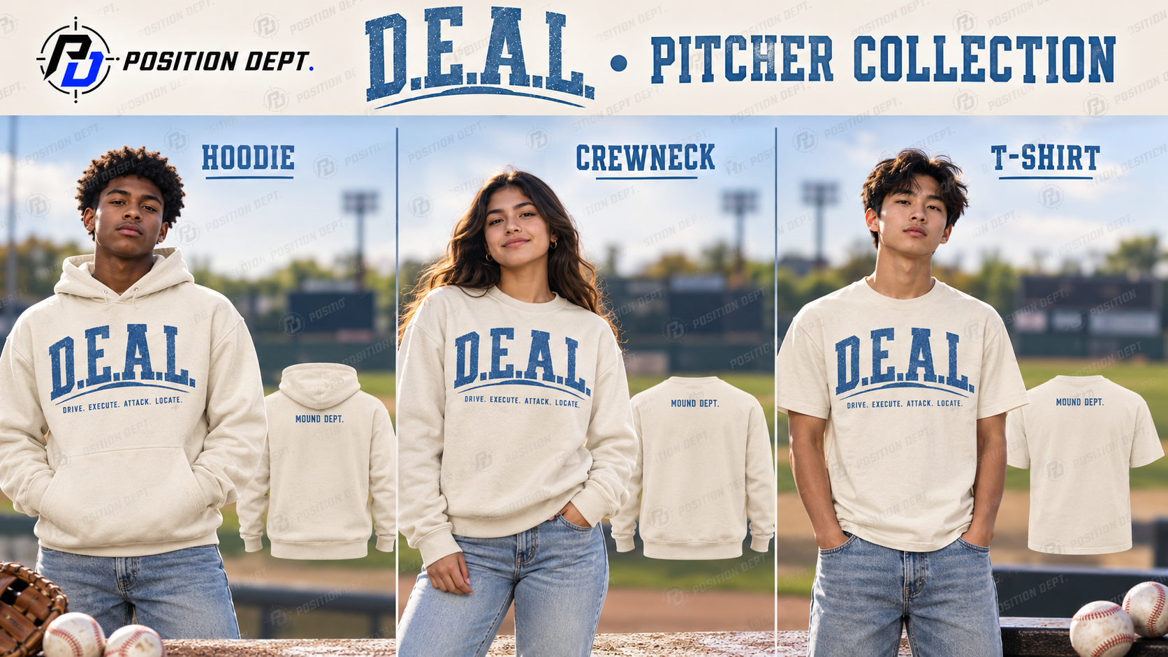 D.E.A.L. pitcher baseball and softball collection with diverse teen models in cream and Carolina blue leisure hoodies, crewnecks and T-shirts, front and back views.