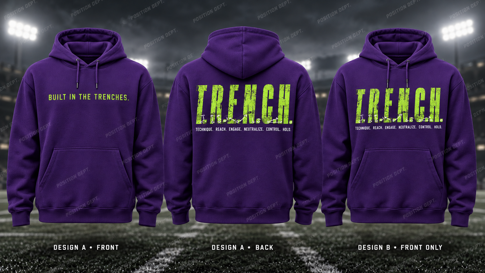 T.R.E.N.C.H. football hoodie in Purple / Lime Green, showing Design A slogan front and letter back, plus Design B front-only artwork.