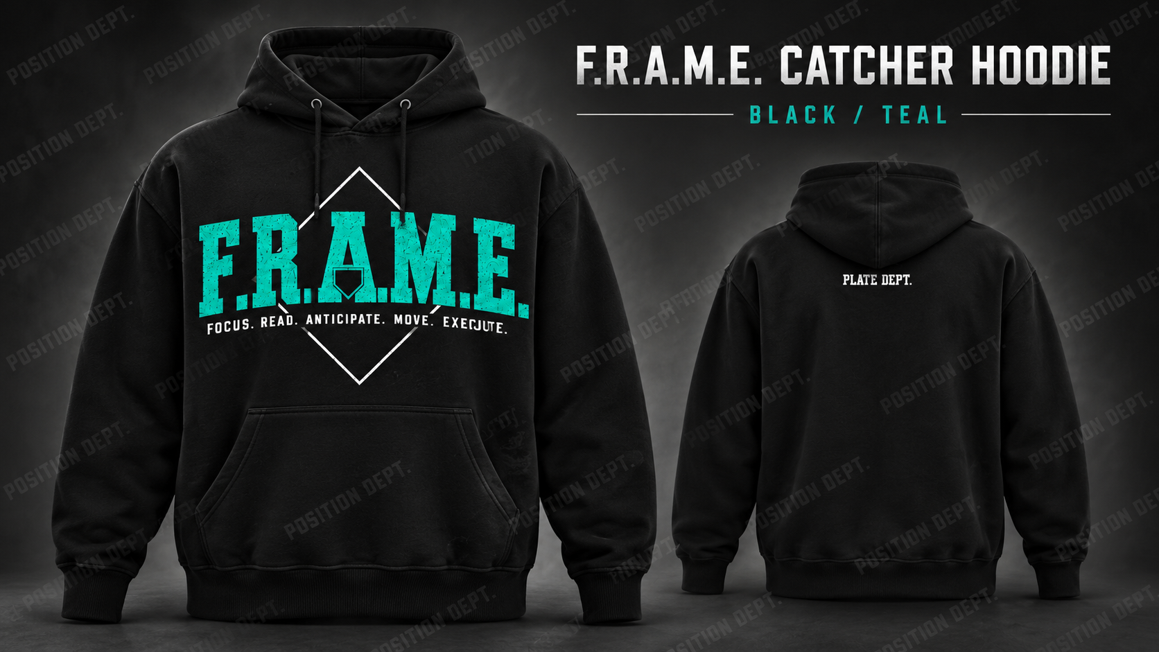 Position Dept. F.R.A.M.E. catcher hoodie in Black / Teal, front and back views, baseball and softball leisure wear.