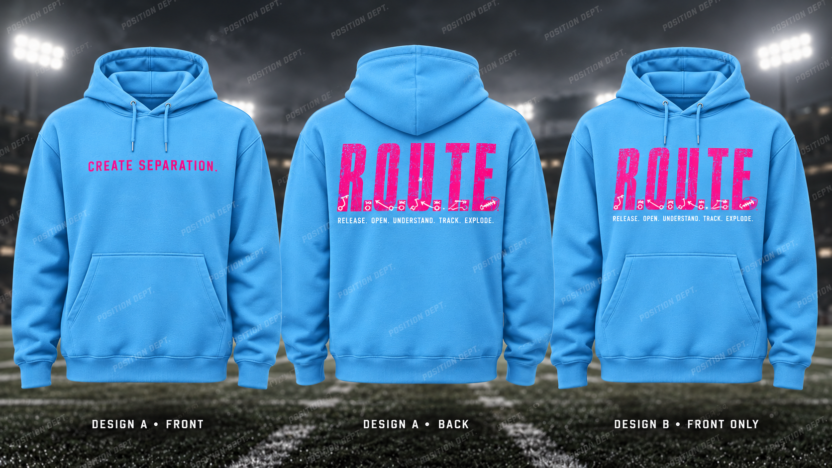 R.O.U.T.E. football hoodie in Sky Blue / Hot Pink, showing Design A slogan front and letter back, plus Design B front-only artwork.