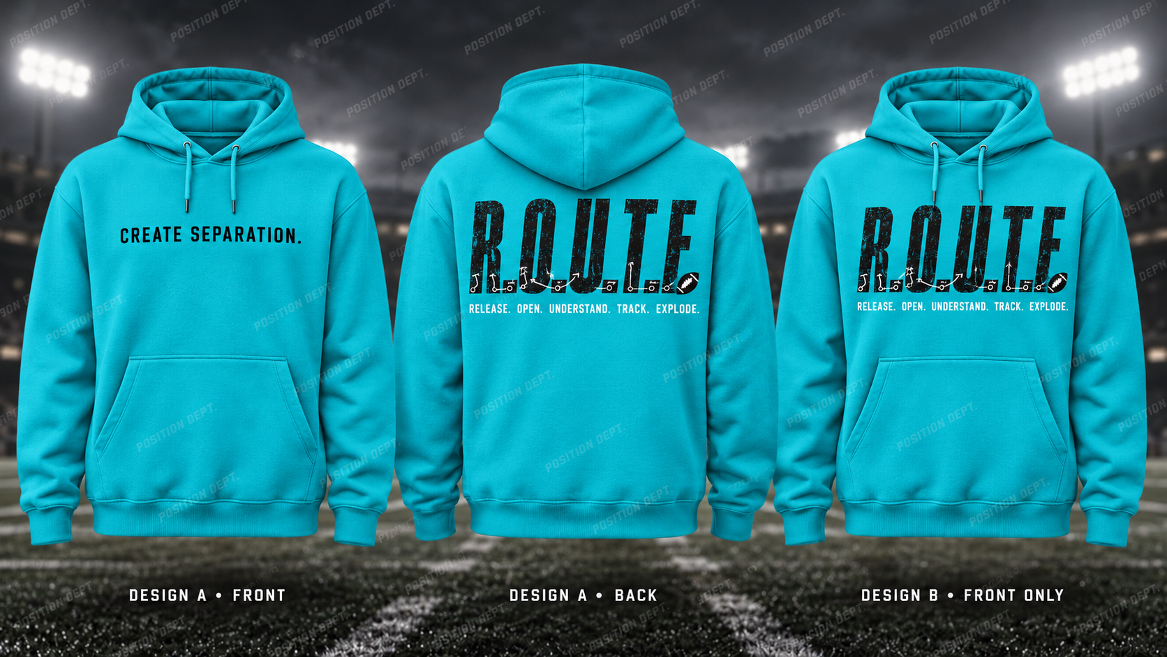 R.O.U.T.E. football hoodie in Turquoise / Black / White, showing Design A slogan front and letter back, plus Design B front-only artwork.