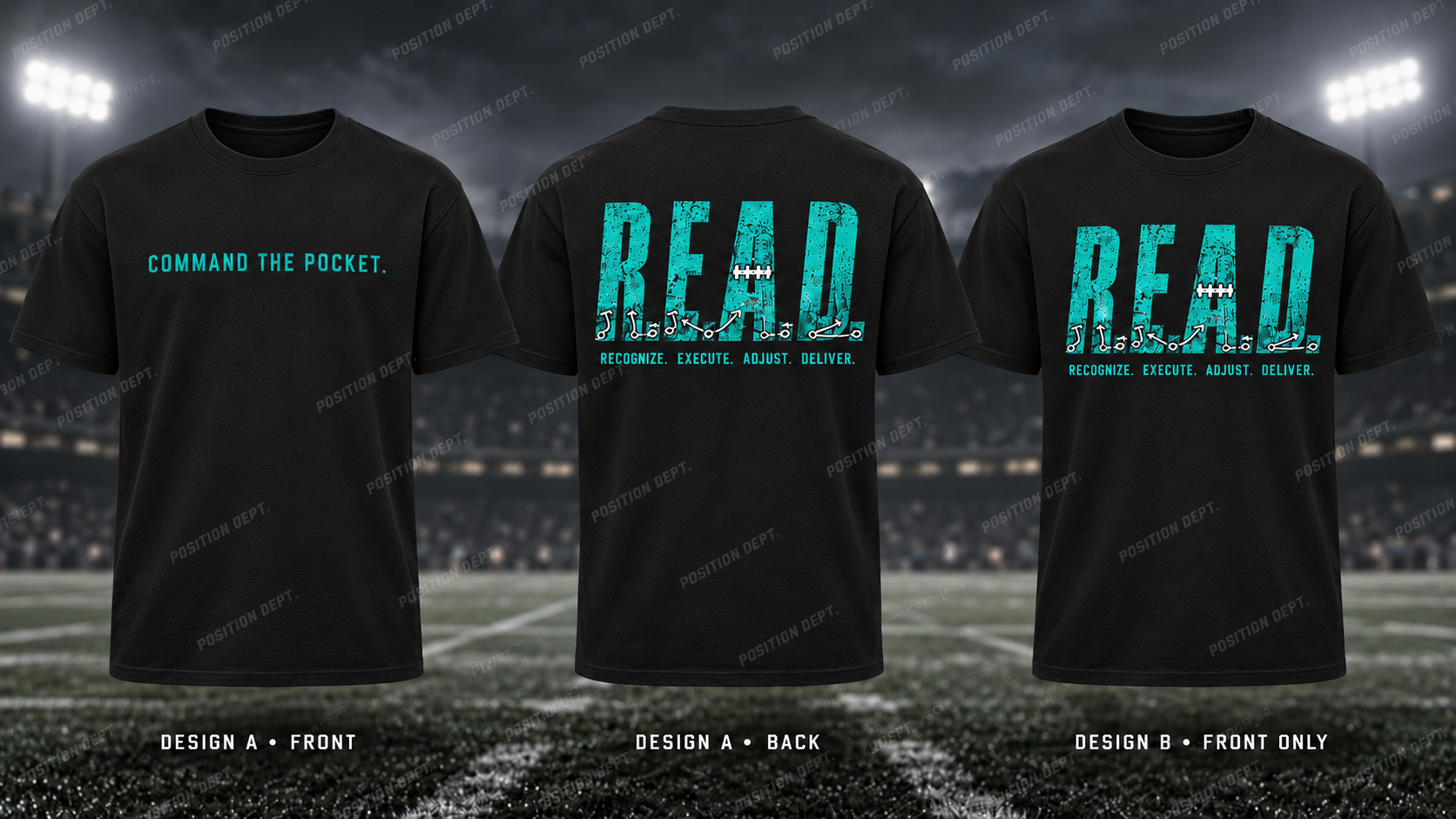Position Dept. R.E.A.D. football T-shirt in Black / Teal. Design A slogan front and graphic back; Design B graphic front only with blank back.