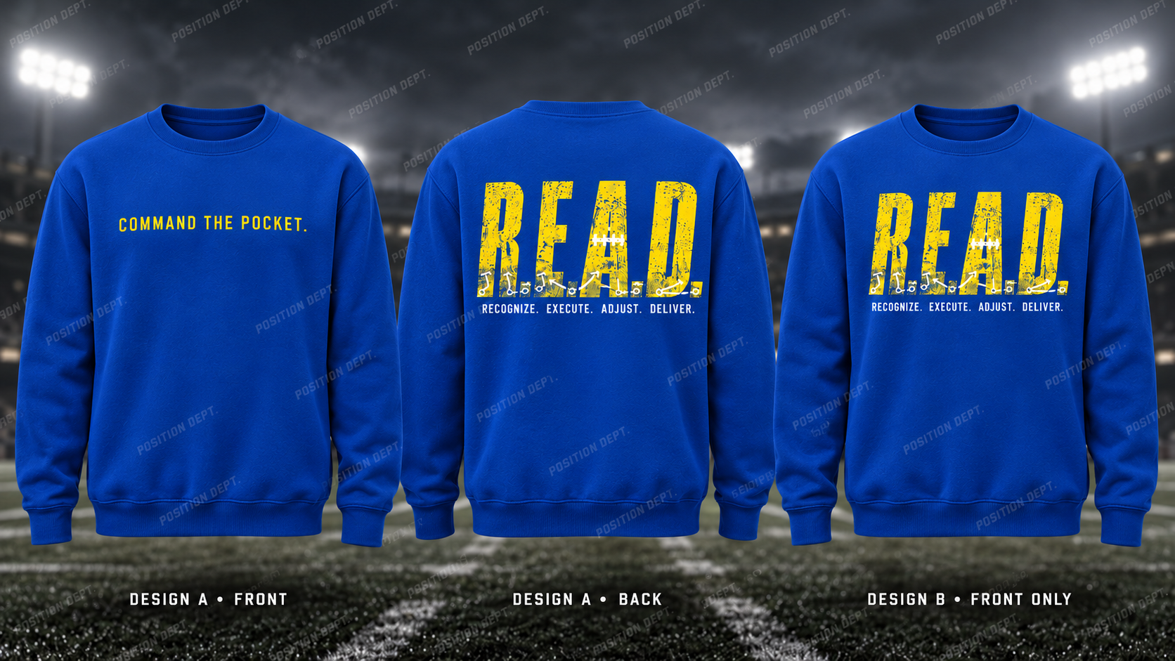Position Dept. R.E.A.D. football crewneck in Royal Blue / Yellow. Design A slogan front and graphic back; Design B graphic front only with blank back.