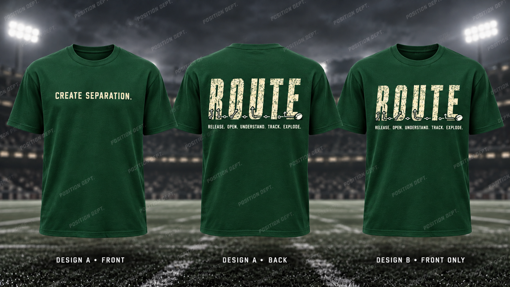 R.O.U.T.E. football T-shirt in Forest Green / Cream. Design A slogan front and graphic back; Design B graphic front, blank back. Position Dept.