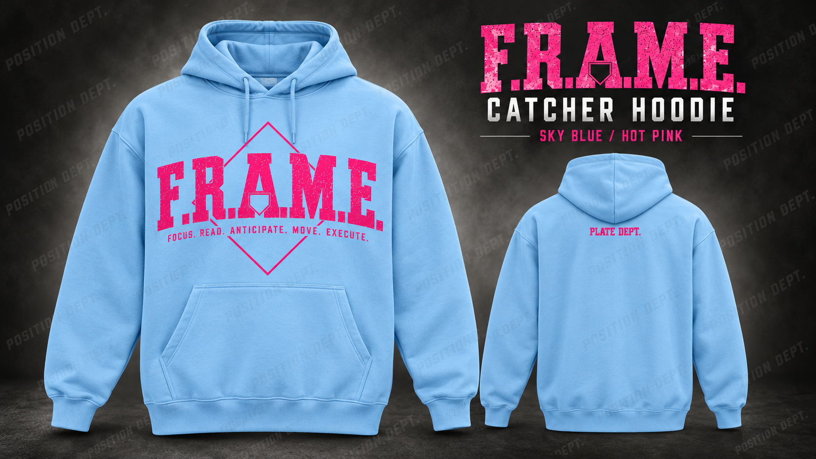 Position Dept. F.R.A.M.E. catcher hoodie in Sky Blue / Hot Pink, front and back views, baseball and softball leisure wear.