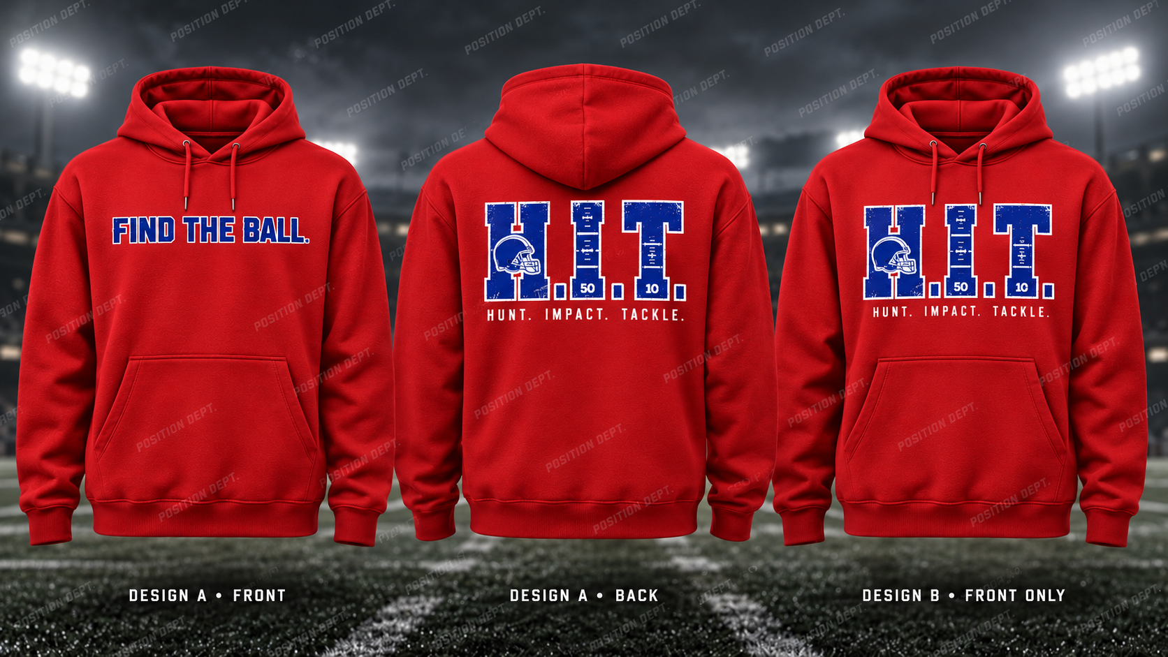 H.I.T. football hoodie in USA Red / White / Blue, showing Design A slogan front and letter back, plus Design B front-only artwork.