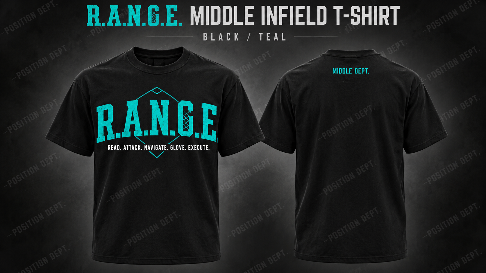 Position Dept. R.A.N.G.E. middle infield T-shirt in Black / Teal, front and back views, baseball and softball leisure wear.