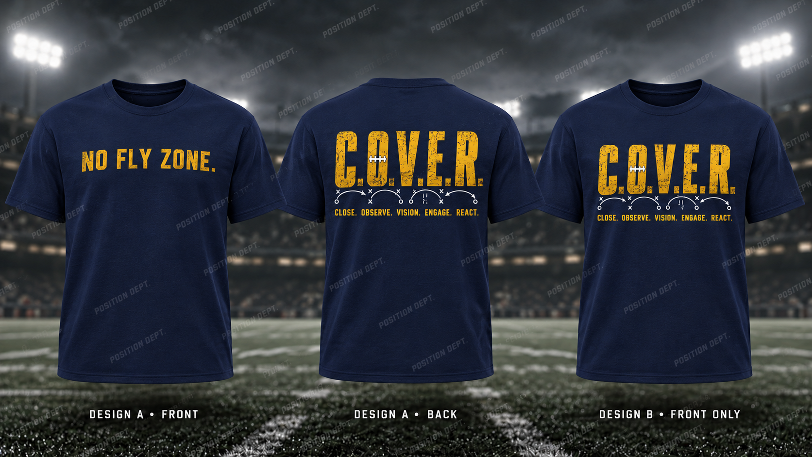 C.O.V.E.R. football T-shirt in Navy / Gold / Yellow. Design A slogan front and graphic back; Design B graphic front, blank back. Position Dept.