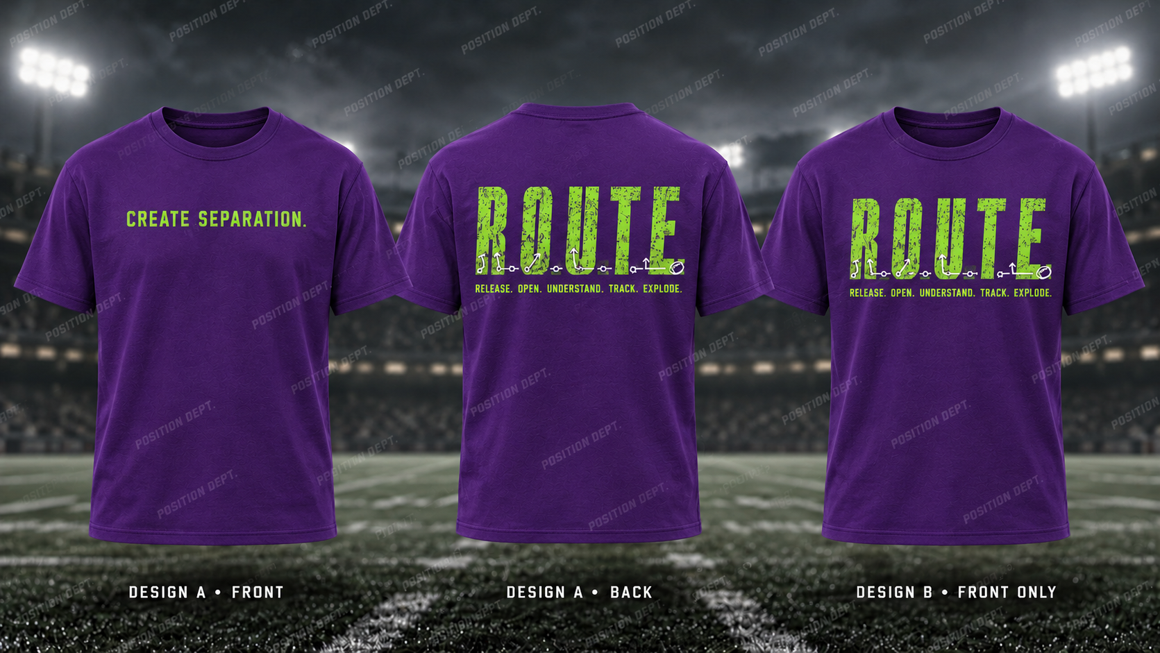 R.O.U.T.E. football T-shirt in Purple / Lime Green. Design A slogan front and graphic back; Design B graphic front, blank back. Position Dept.