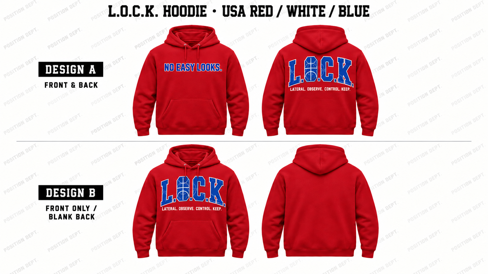 Position Dept. L.O.C.K. basketball hoodie in USA Red / White / Blue, showing Front & Back and Front Only designs with basketball court lettering.