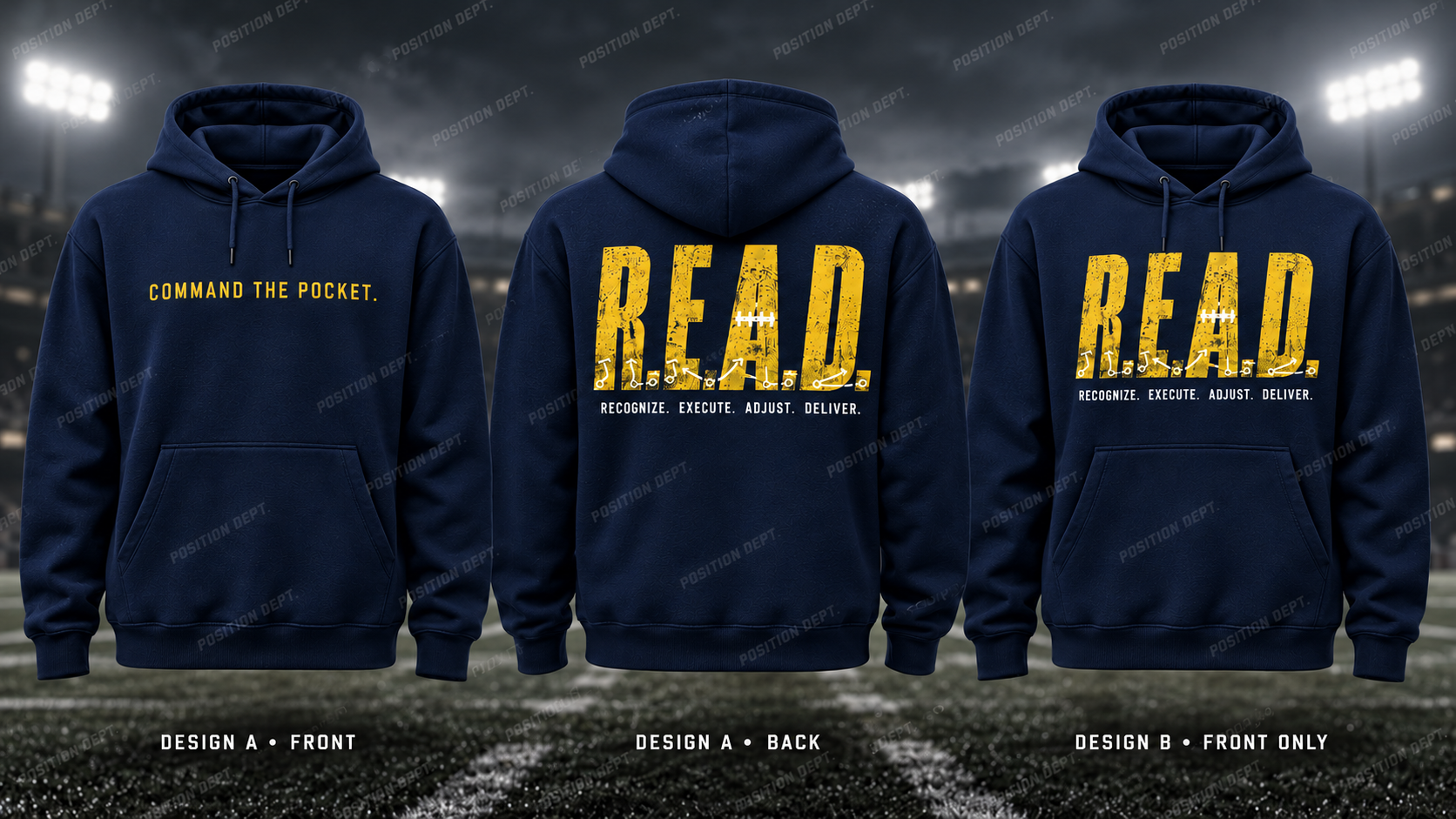 R.E.A.D. football hoodie in Navy / Gold / Yellow, showing Design A slogan front and letter back, plus Design B front-only artwork.
