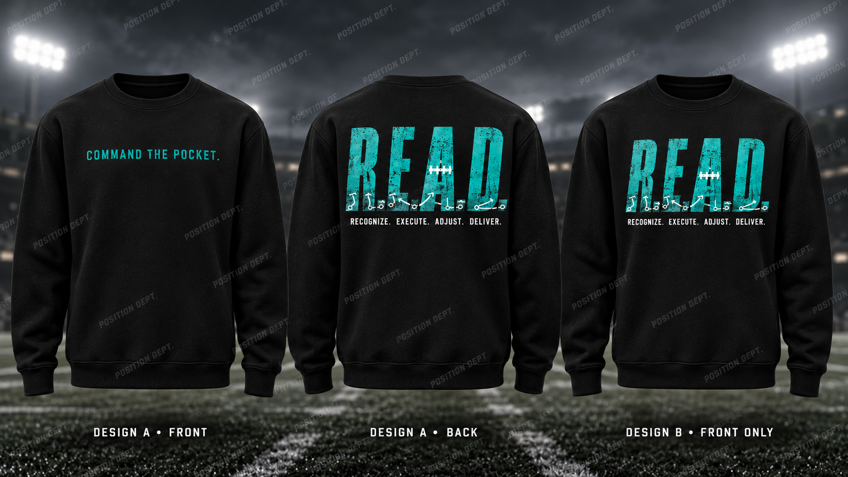 Position Dept. R.E.A.D. football crewneck in Black / Teal. Design A slogan front and graphic back; Design B graphic front only with blank back.