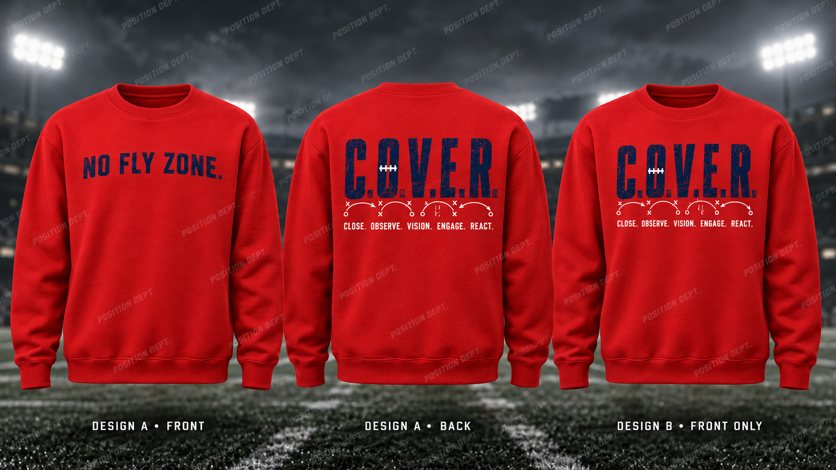 C.O.V.E.R. football crewneck in USA Red / White / Blue. Design A slogan front and graphic back; Design B graphic front, blank back. Position Dept.