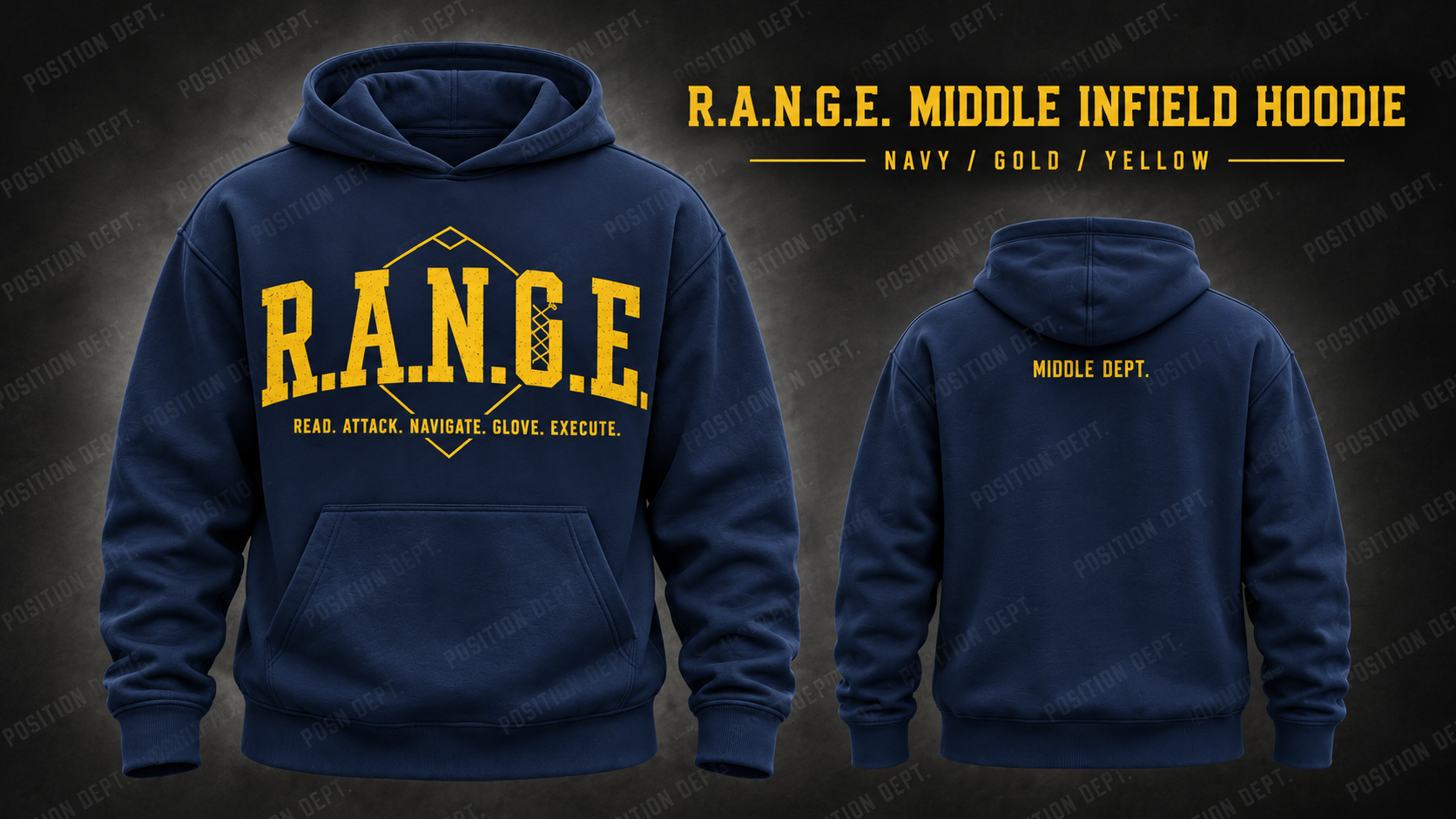 Position Dept. R.A.N.G.E. middle infield hoodie in Navy / Gold / Yellow, front and back views, baseball and softball leisure wear.