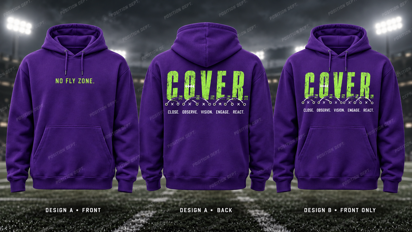 C.O.V.E.R. football hoodie in Purple / Lime Green, showing Design A slogan front and letter back, plus Design B front-only artwork.