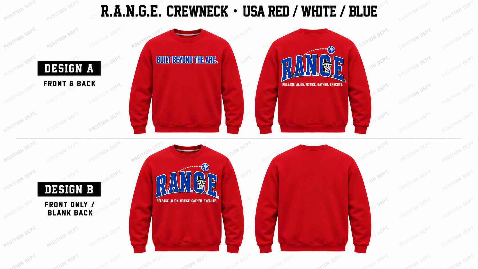 Position Dept. R.A.N.G.E. basketball crewneck in USA Red / White / Blue, Design A front and back and Design B front-only with blank back.