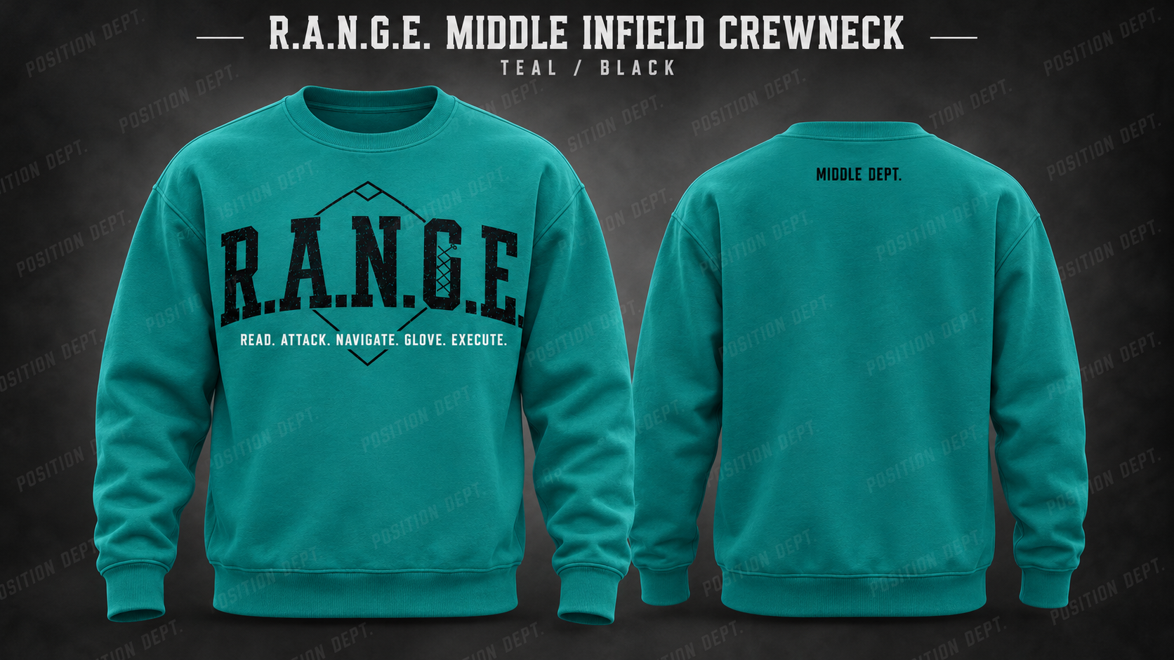 Position Dept. R.A.N.G.E. middle infield crewneck in Teal / Black, front and back views, baseball and softball leisure wear.