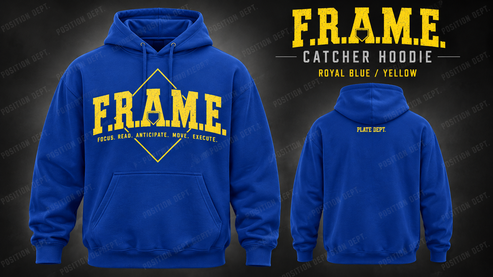 Position Dept. F.R.A.M.E. catcher hoodie in Royal Blue / Yellow, front and back views, baseball and softball leisure wear.